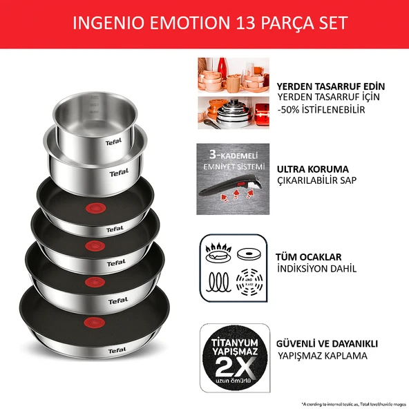TEFAL Ingenio Emotion 2X Titanyum 13 Parça Tava Seti - Paslanmaz Çelik L897SD74 - 3
