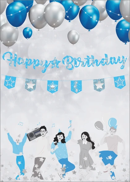 Yıldız Mavi Gümüş Happy Birthday Kaligrafi ve Banner Set ürün görseli 1
