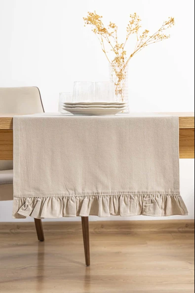 Rivaİstanbul Ruffle Bej Fırfırlı %100 Pamuklu Ham Keten Runner 50x130 cm ürün görseli