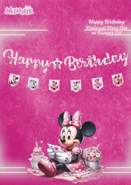 Minnie Mouse Happy Birthday Kaligrafi ve Banner Set ürün görseli 1