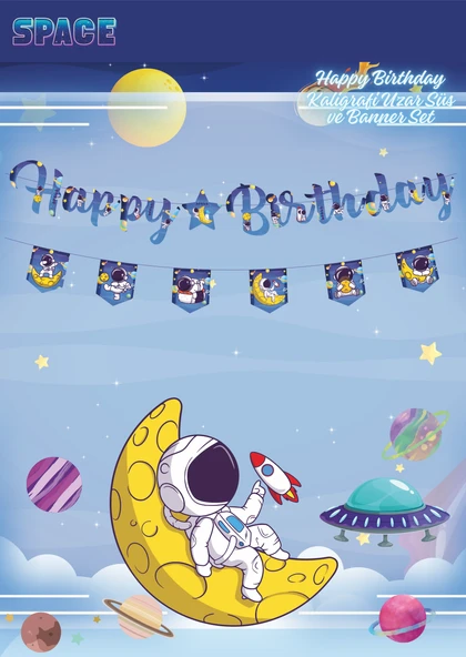 Uzay Happy Birthday Kaligrafi ve Banner Set ürün görseli 1