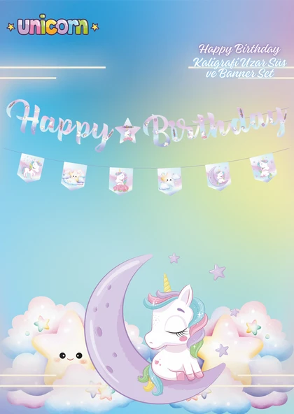 Unicorn Happy Birthday Kaligrafi ve Banner Set ürün görseli 1