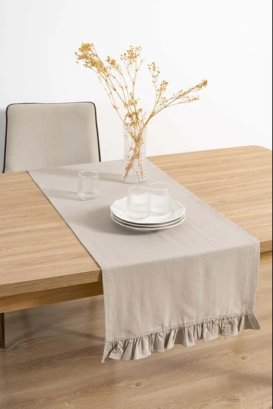 Rivaİstanbul Ruffle Bej Fırfırlı %100 Pamuklu Ham Keten Runner 50x130 cm - Resim 2