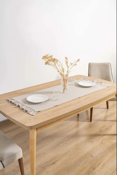 Rivaİstanbul Ruffle Bej Fırfırlı %100 Pamuklu Ham Keten Runner 50x130 cm - Resim 3