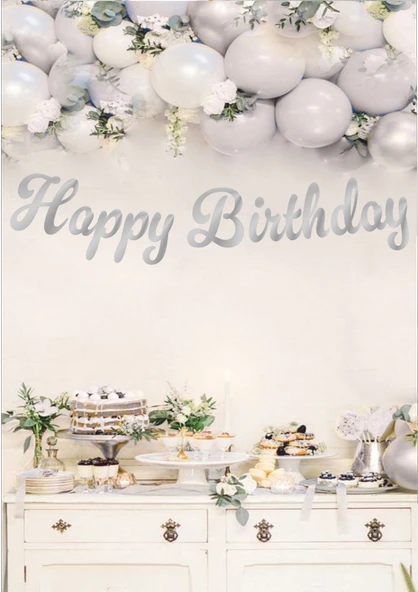 Happy Birthday Gümüş Kaligrafi Banner ürün görseli 1