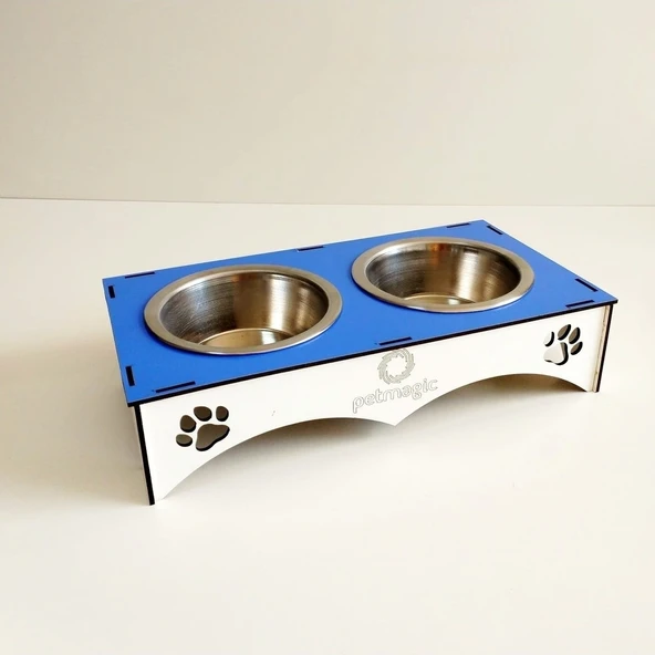 Petmagic Ahşap 2'li Mama Kabı İkili Ahşap Çelik Mama Kabı - Mavi - 2