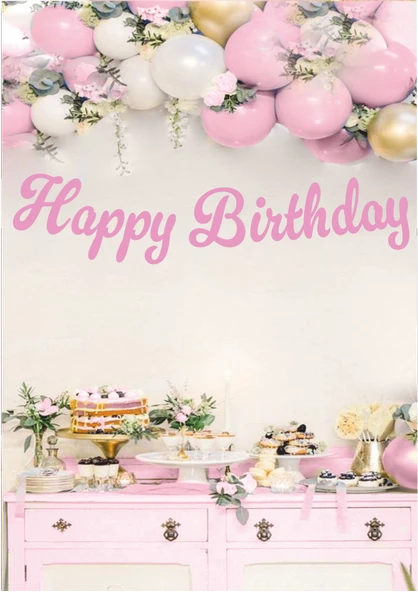 Happy Birthday Pembe Kaligrafi Banner ürün görseli 1