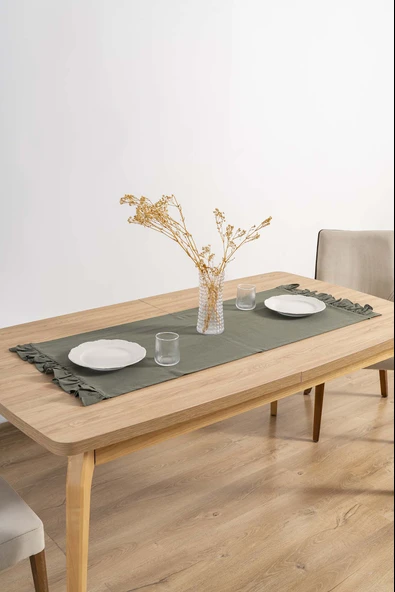 Rivaİstanbul Ruffle Haki Fırfırlı %100 Pamuklu Ham Keten Runner 50x130 cm - Resim 3