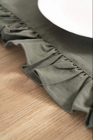 Rivaİstanbul Ruffle Haki Fırfırlı %100 Pamuklu Ham Keten Runner 50x130 cm - Resim 4