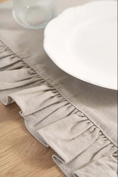 Rivaİstanbul Ruffle Bej Fırfırlı %100 Pamuklu Ham Keten Runner 50x130 cm - Resim 4