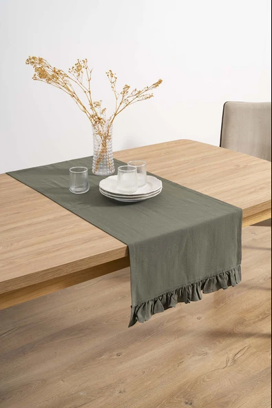 Rivaİstanbul Ruffle Haki Fırfırlı %100 Pamuklu Ham Keten Runner 50x130 cm - Resim 2