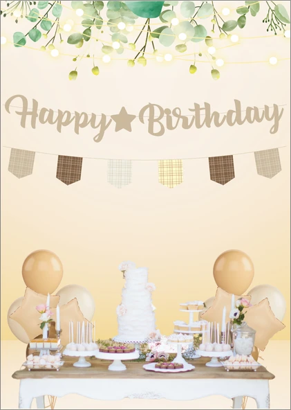 Retro Açık Kahve Happy Birthday Kaligrafi ve Banner Set ürün görseli 1