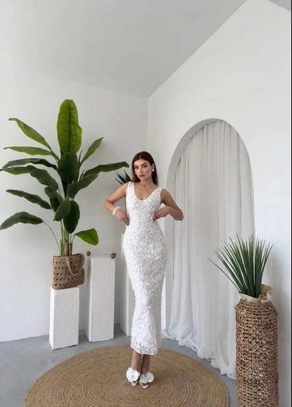 Kren Gül Detaylı Elbise - 6