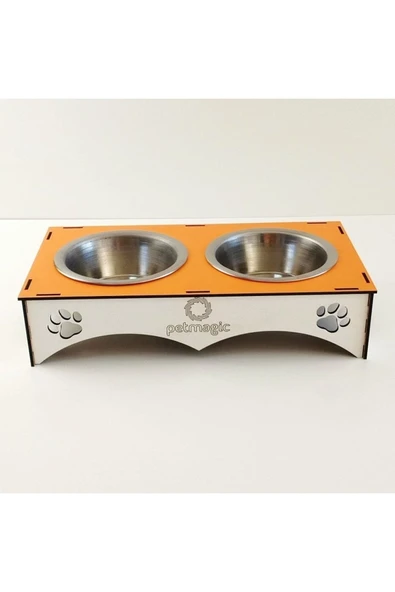 Petmagic 2'li Mama Kabı Ikili Ahşap-Çelik Mama Kabı Turuncu - 1