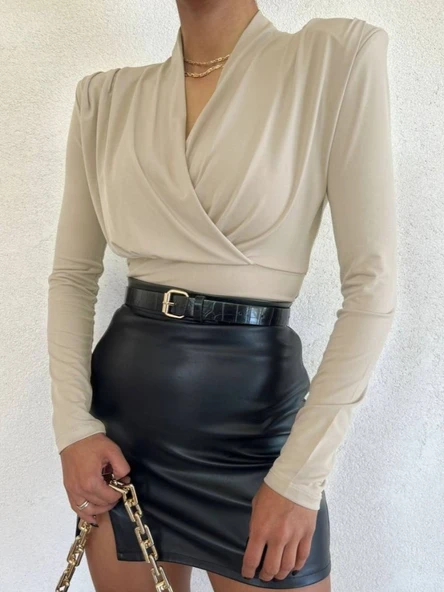 Vatkalı Kruvaze Model Sandy Bluz-Bej - Resim 2