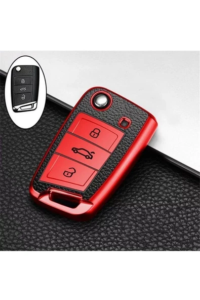 Tiguan 2016 Arona T-roc Polo Karoq Radip Kamiq Lüks Anahtar Koruma Kabı Kırmızı Renk ürün görseli
