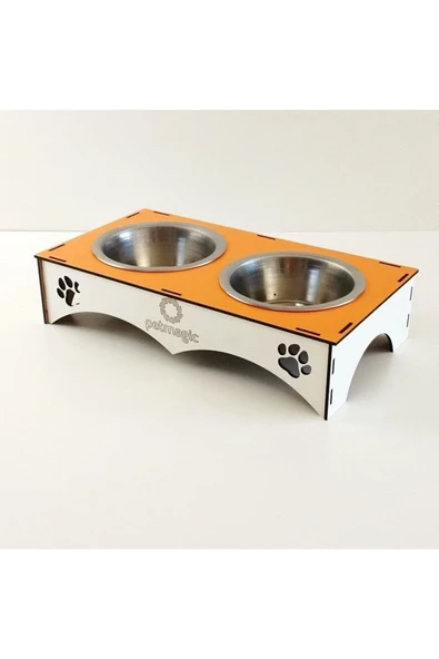 Petmagic 2'li Mama Kabı Ikili Ahşap-Çelik Mama Kabı Turuncu - 2
