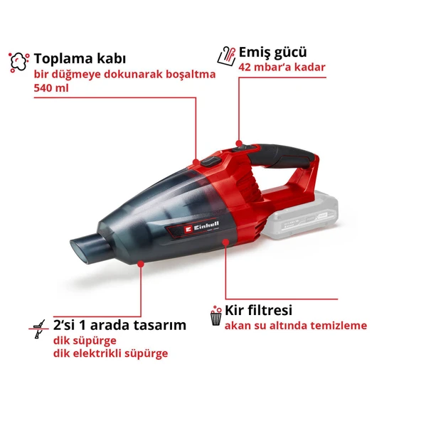 Einhell TE-VC 18 Li Akülü El Süpürgesi + 2 x 2.5 Ah Starter Kit - 6