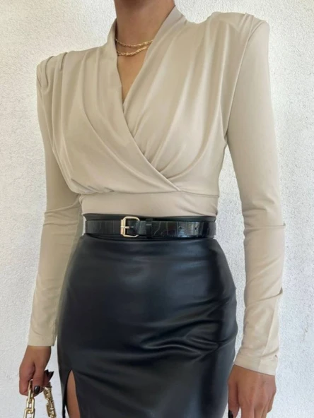 Vatkalı Kruvaze Model Sandy Bluz-Bej - Resim 3