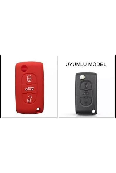 107 207 307 407 308 607 Uyumlu 3 Tuş Silikon Anahtar Koruma Kılıf Kırmızı Renk ürün görseli