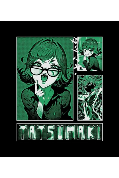 One Punch Man Tatsumaki Anime Baskılı Unisex %100 Pamuk Siyah T-shirt - Resim 2