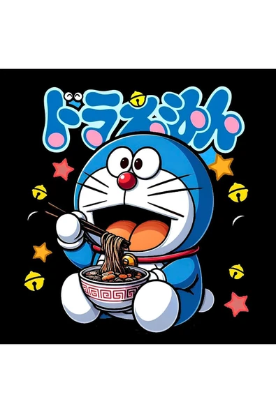 Doreamon Anime Baskılı Unisex %100 Pamuk Siyah T-shirt - Resim 2