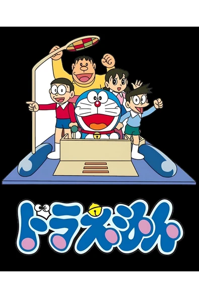 Doreamon Anime Baskılı Unisex %100 Pamuk Siyah T-shirt - Resim 2