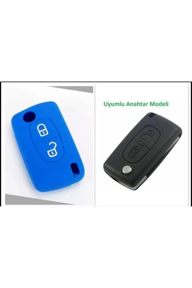 Peugeot 207 307 Partner Uyumlu 2 Tuşlu Silikon Anahtar Koruma Kılıfı Mavi Renk ürün görseli