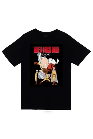 One Punch Man Anime Baskılı Unisex %100 Pamuk Siyah T-shirt ürün görseli 1