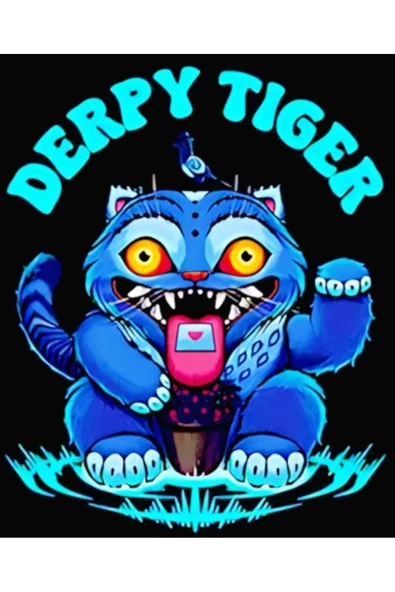 K-Pop Demon Hunters – Derpy Blue Tiger Baskılı Unisex %100 Pamuk Siyah T-shirt - 2
