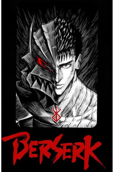 Berserk Anime Baskılı Unisex %100 Pamuk Siyah T-shirt - Resim 2