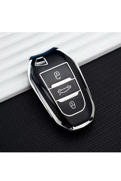 Peugeot 208 308 508 2008 3008 5008 Rifter Anahtar Koruma Kılıfı Anahtarsız Çaliştırma Siyah/Krom ürün görseli