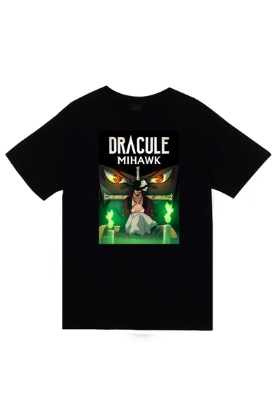 One Piece – Dracule Mihawk Anime Karakter Baskılı Unisex %100 Pamuk Siyah T-shirt ürün görseli