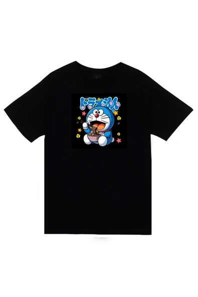 Doreamon Anime Baskılı Unisex %100 Pamuk Siyah T-shirt ürün görseli