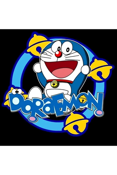 Doreamon Anime Baskılı Unisex %100 Pamuk Siyah T-shirt - Resim 2