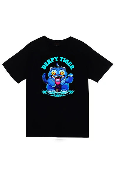 K-Pop Demon Hunters – Derpy Blue Tiger Baskılı Unisex %100 Pamuk Siyah T-shirt - 1