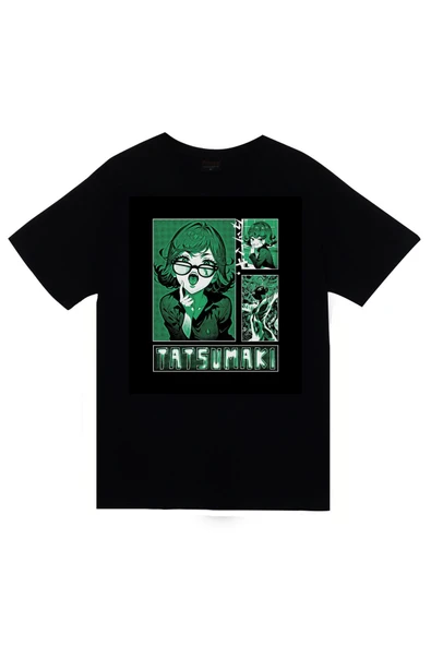 One Punch Man Tatsumaki Anime Baskılı Unisex %100 Pamuk Siyah T-shirt ürün görseli 1
