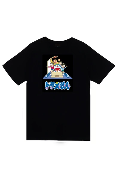 Doreamon Anime Baskılı Unisex %100 Pamuk Siyah T-shirt ürün görseli