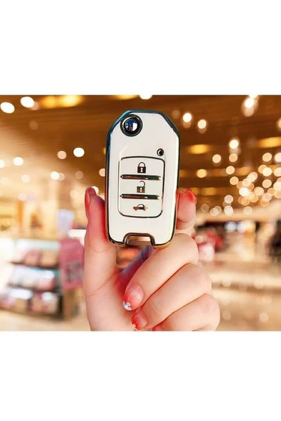 Honda Civic Fc5 Crv Hrv Uyumlu Sustalı Lüks Anahtar Koruma Kılıfı (KABI) Beyaz Renk ürün görseli