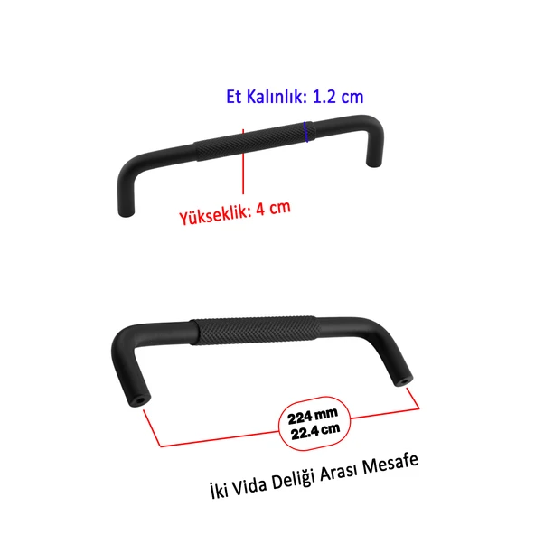 Uber Tırtıklı Mat Siyah Metal Kulp 224 mm 22.4 cm Mobilya Çekmece Mutfak Dolabı Dolap Kapak Kulpları - Resim 2