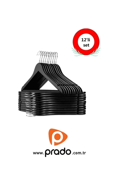 12 Adet Ahşap Görünümlü Plastik A Kalite Siyah Elbise Askısı