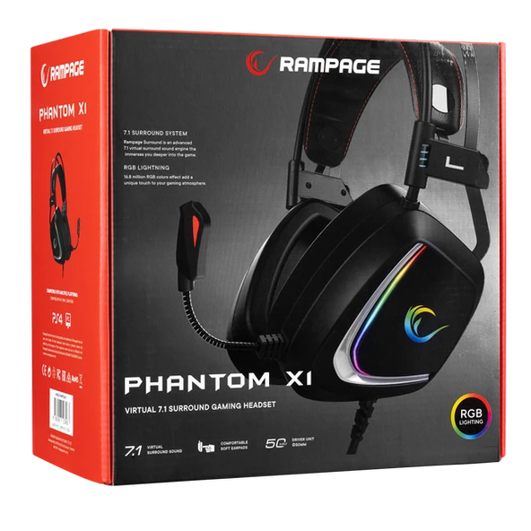 RAMPAGE PHANTOM X1 SİYAH USB 7.1 SURROUND RGB IŞIK EFEKTLİ GAMING MİKROFON KULAKLIK RAMPAGE - 6