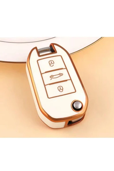 Peugeot 208 301 307 308 508 2008 3008 Partner Van Sustalı Anahtar Kılıfı 2.resime Bakınız Beyaz-gold ürün görseli
