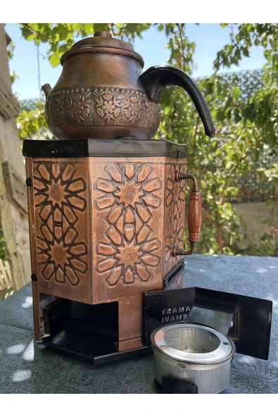Sultan Sedir Otantik Bakır Semaver – Eskitme Bakır Demlikli - Sekizgen Amasya Semaveri, Jel Yakıtlı - Resim 5
