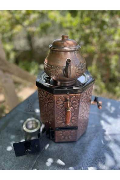 Sultan Sedir Otantik Bakır Semaver – Eskitme Bakır Demlikli - Sekizgen Amasya Semaveri, Jel Yakıtlı - Resim 4