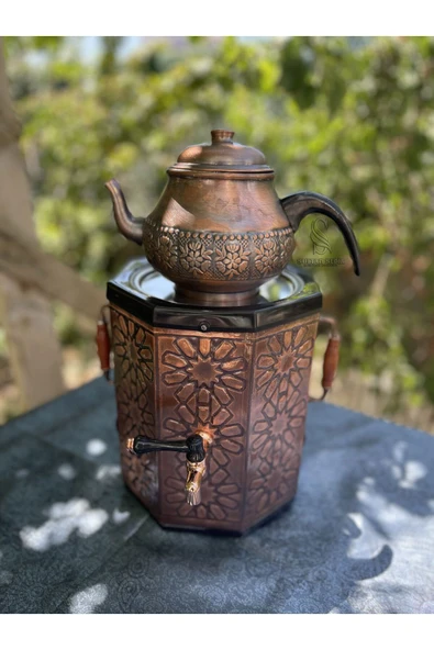 Sultan Sedir Otantik Bakır Semaver – Eskitme Bakır Demlikli - Sekizgen Amasya Semaveri, Jel Yakıtlı - Resim 2