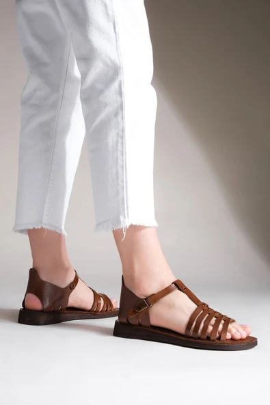 Marjin Kadın Hakiki Deri Günlük Sandalet Eva Taban Tecur taba - Resim 2