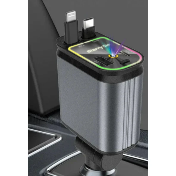 Ozmik RGB Işıklı 66W Araç Şarj Cihazı 4in1 Geri Çekilebilir Kablo Type-C + Lightning Yıldızlı Efekti - 2