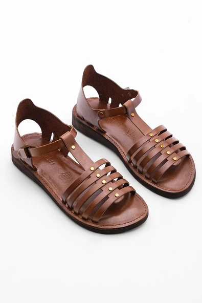 Marjin Kadın Hakiki Deri Günlük Sandalet Eva Taban Tecur taba - Resim 3