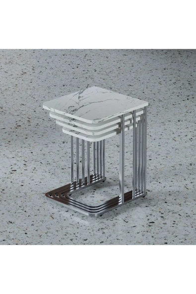 Stil Ceylin 4lü Zigon Sehpa Tekerlekli Gümüş Ayaklı Mermer Desenli